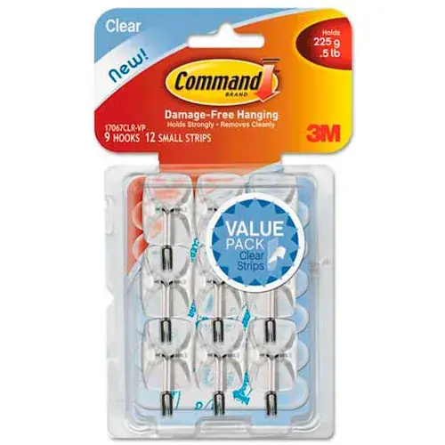 Command Small Clear Toggle-Wire Hooks, Metal Wire, Silver/Clear, Supports 0.5 lb, 9/Pack Fresh Stock