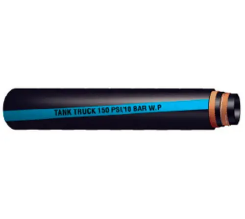 Crafted Buchanan Rubber TLB-125 Tank Truck Hose, 100 ft L, 150 psi, Nitrile Rubber Tube, Black with Blue Stripe
