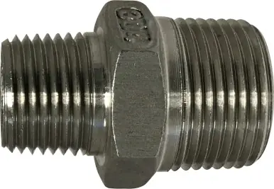 Midland Metal 62748 Reducing Hex Nipple, 3/4 in MPT x 3/8 in MPT, Stainless Steel Final Sale