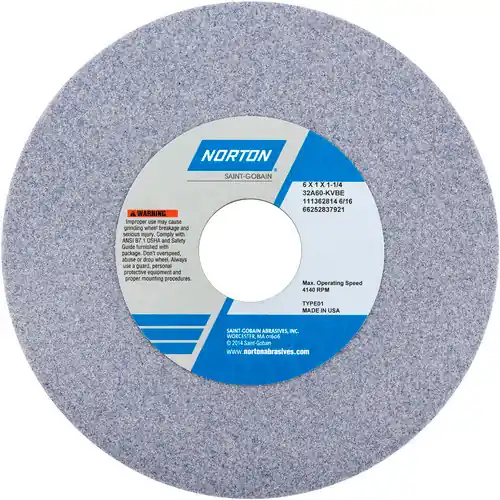 Norton 66252837921 6" x 1" x 1-1/4"Vitrified Grinding Wheel Type 01 Certified
