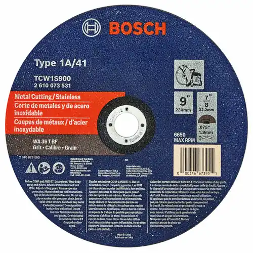 Place Order Bosch TCW1S900 9 In. .075 In. 7/8 In. Arbor Type 1a/41 36 Grit Metal Cutting Abrasive Wheel