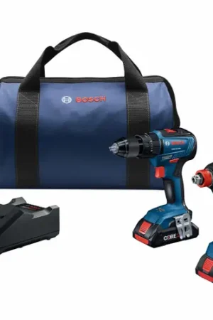 Fast Shipping Bosch GXL18V-233B25 18V 2-Tool Combo Kit with 1/2 In. Hammer Drill/Driver, Two-In-One 1/4 In. and 1/2 In. Bit/Socket Impact Driver/Wrench and (2) CORE18V 4 Ah Advanced Power Batteries