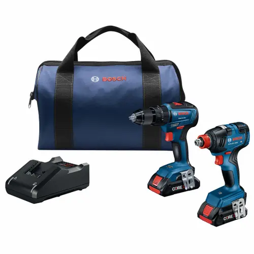 Fast Shipping Bosch GXL18V-233B25 18V 2-Tool Combo Kit with 1/2 In. Hammer Drill/Driver, Two-In-One 1/4 In. and 1/2 In. Bit/Socket Impact Driver/Wrench and (2) CORE18V 4 Ah Advanced Power Batteries