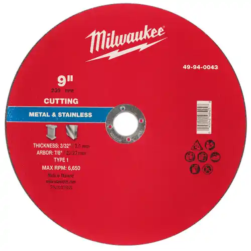 Milwaukee 49-94-0043 9" x 3/32" x 7/8" Metal Cut Off Wheel -Type 1, 10 Pack Next Day Delivery