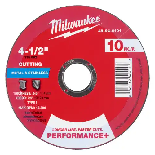Milwaukee 49-94-0101 4-1/2" x .045" x 7/8" Performance+ Metal Cut Off Wheel - Type 1 - 10pk, 4 Pack Save Now