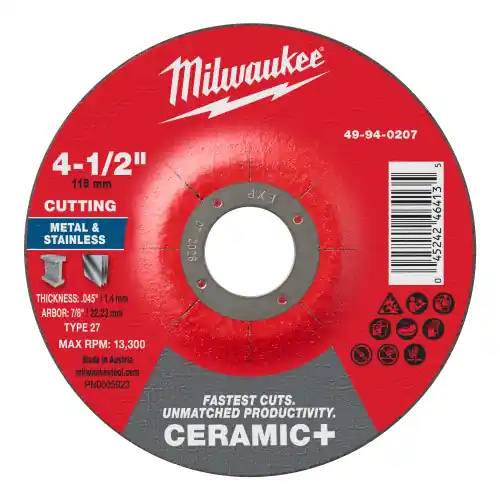 Milwaukee 49-94-0207 4-1/2" x .045" x 7/8" Ceramic+ Metal Cut Off Wheel -Type 27, 25 Pack Secure Checkout