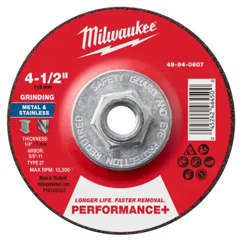 Milwaukee 49-94-0607 4-1/2" x 1/4" x 5/8"-11 Performance+ Metal Grinding Wheel - Type 27, 5 Pack Instant Buy