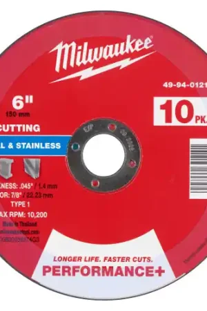 Markdown Milwaukee 49-94-0121 6" x .045" x 7/8" Performance+ Metal Cut Off Wheel - Type 1, 4 Pack