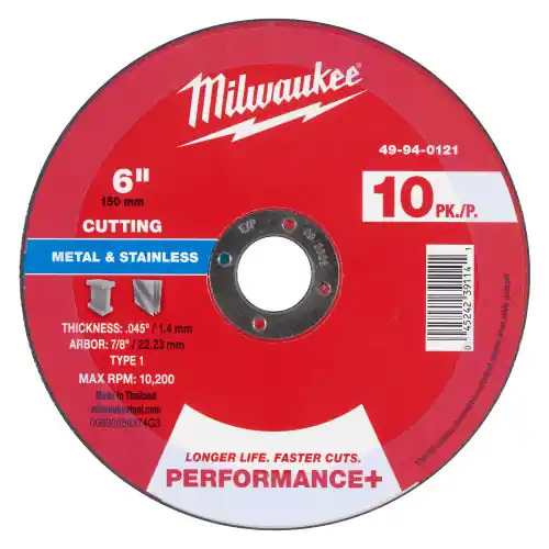 Markdown Milwaukee 49-94-0121 6" x .045" x 7/8" Performance+ Metal Cut Off Wheel - Type 1, 4 Pack