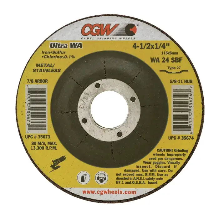 CGW ABRASIVES 35674 4-1/2" Diameter White Aluminum Oxide Bonded Deburring Cut-Off Wheel - 5/8"-11 Hole Size, 1/4" Wheel Thickness, Type 27 Buy Today